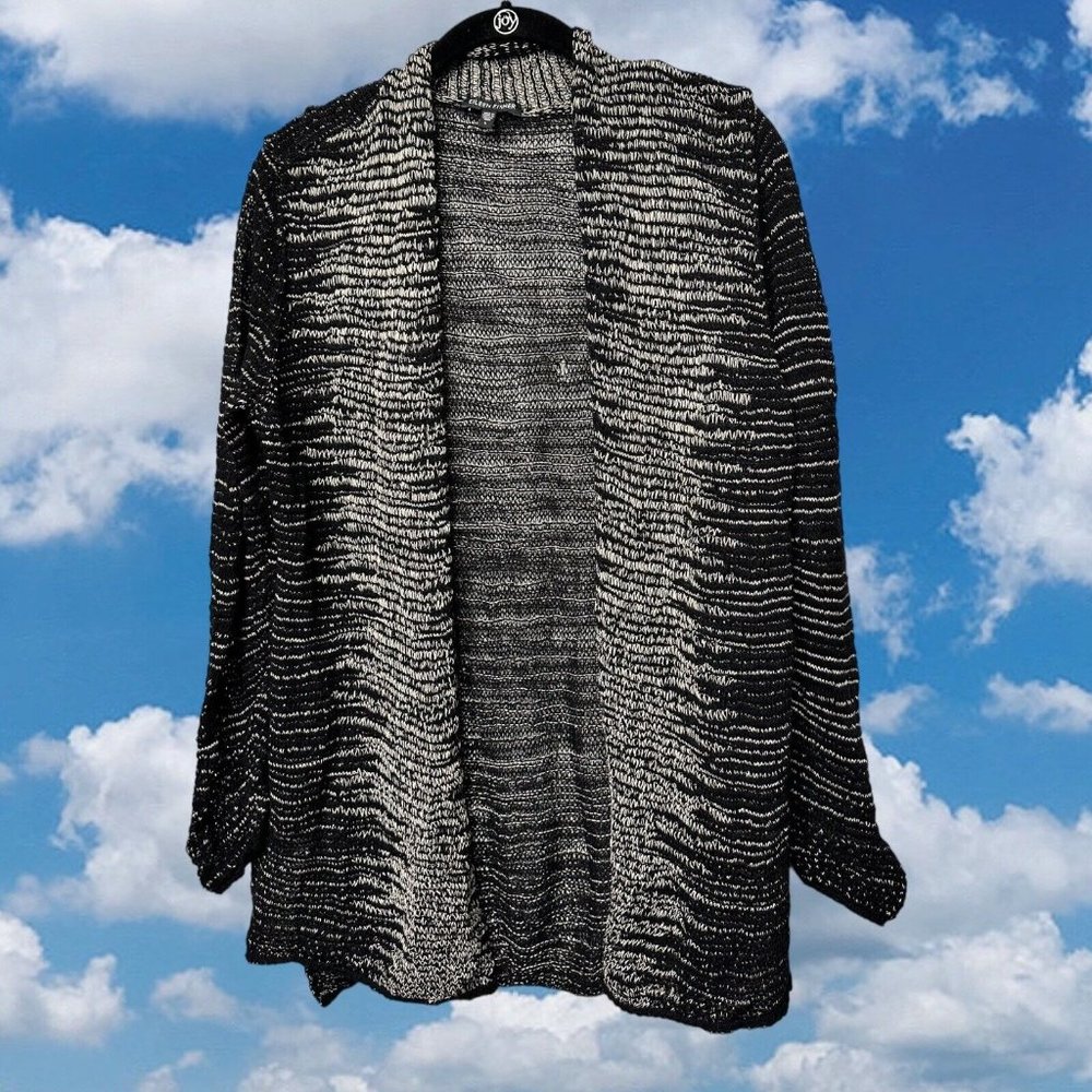 Eileen Fisher Linen Wool Blend Open Knit Cardigan Black Large